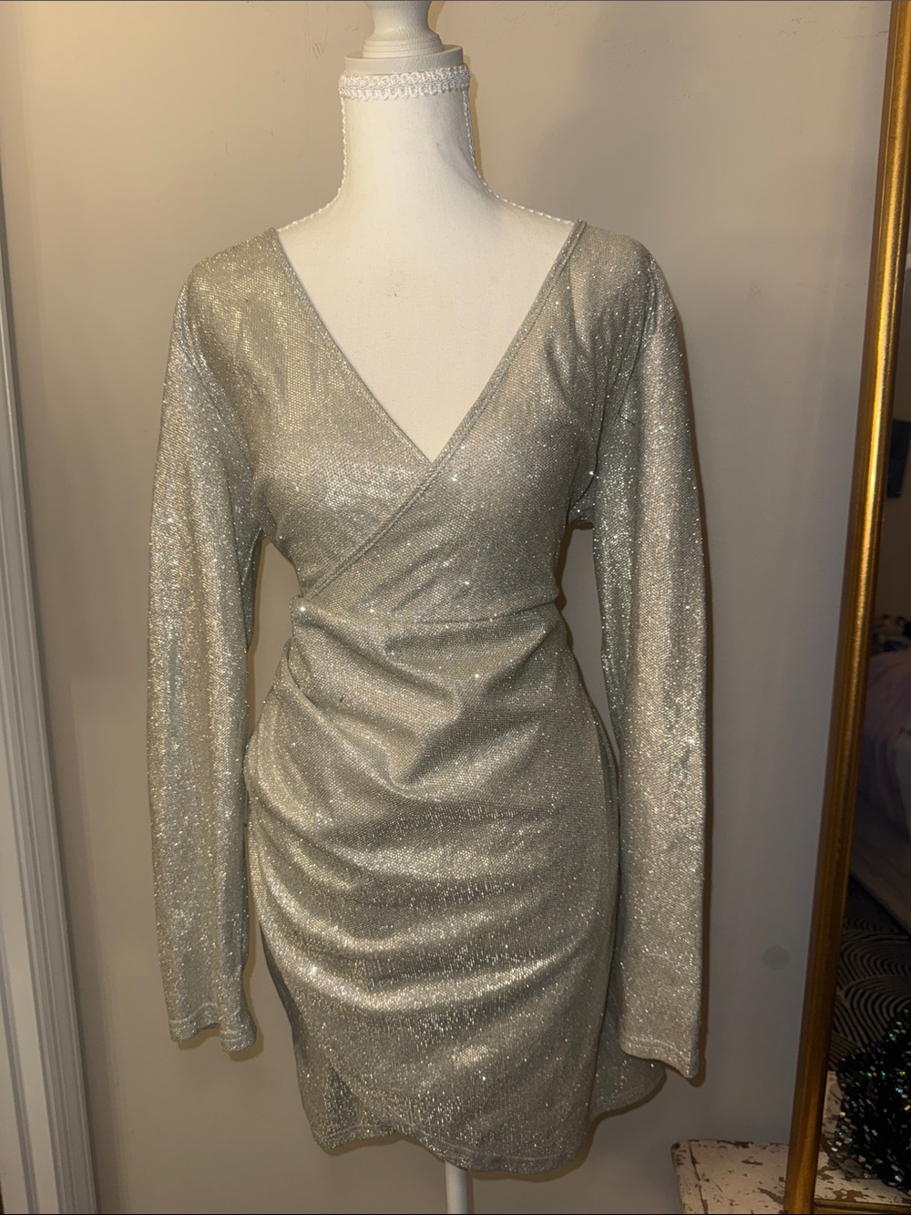 Source Unknown Silver Sparkle Long-Sleeve Wrap Mini Dress